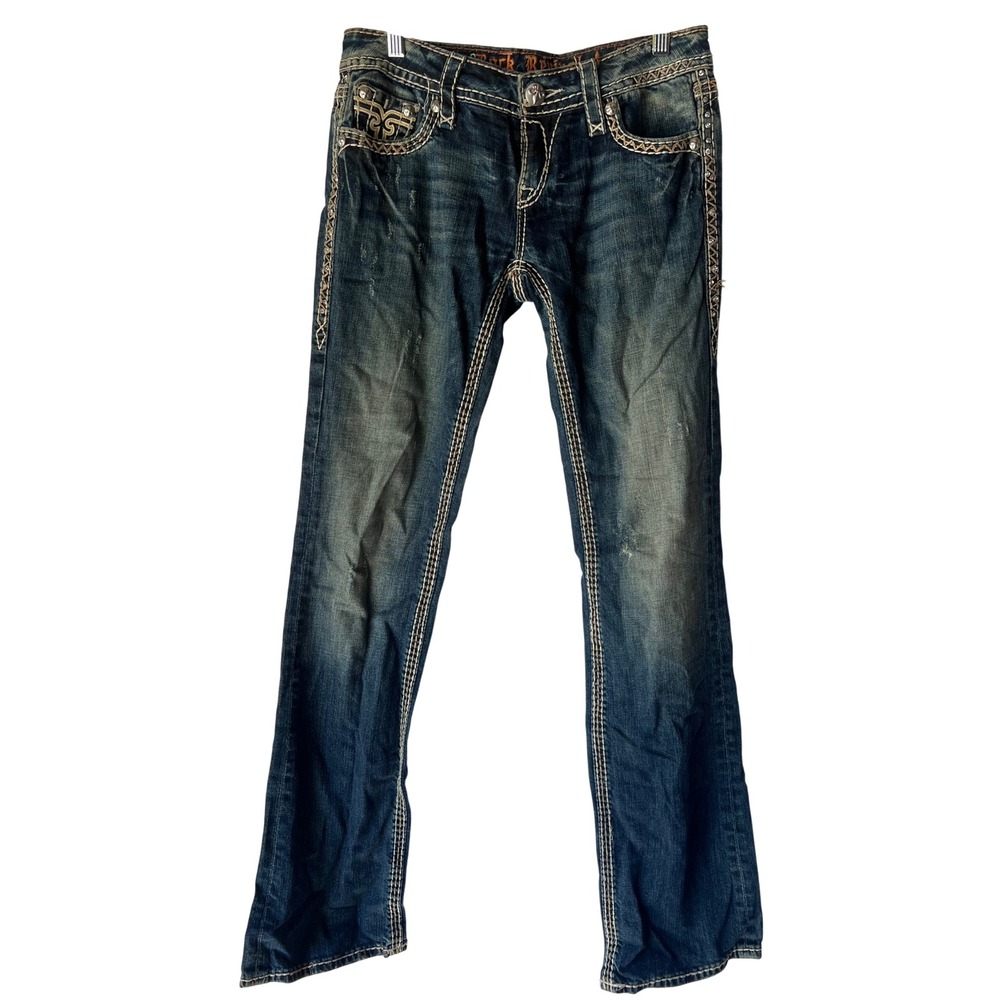 Rock Revival Kai Bootcut Jeans Dark Wash Embellished Distressed Size 27